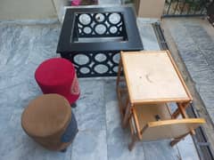 Center table without glass + kids small table/chair + 2 wooden stools