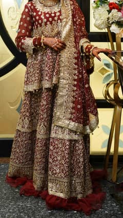 Mahroon Sharara With mahroon Peplum Short Frock & Heavy Embroidery