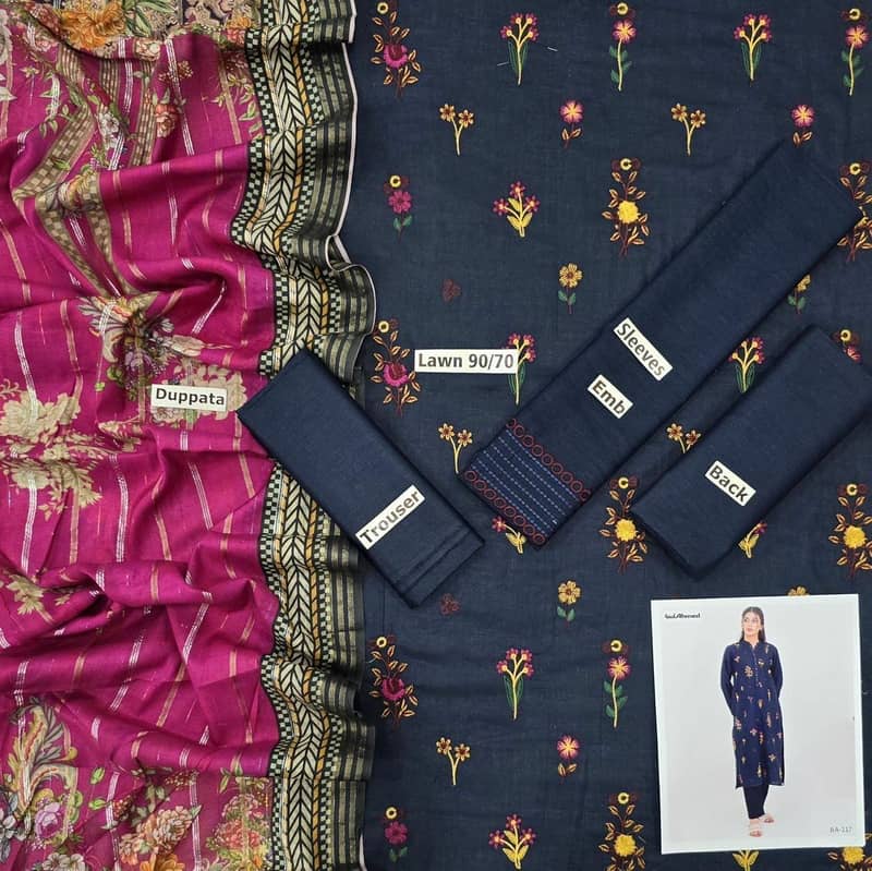 3 Pc Lawn Suit – Embroidered Front & Sleeves | Digital Dupatta 1