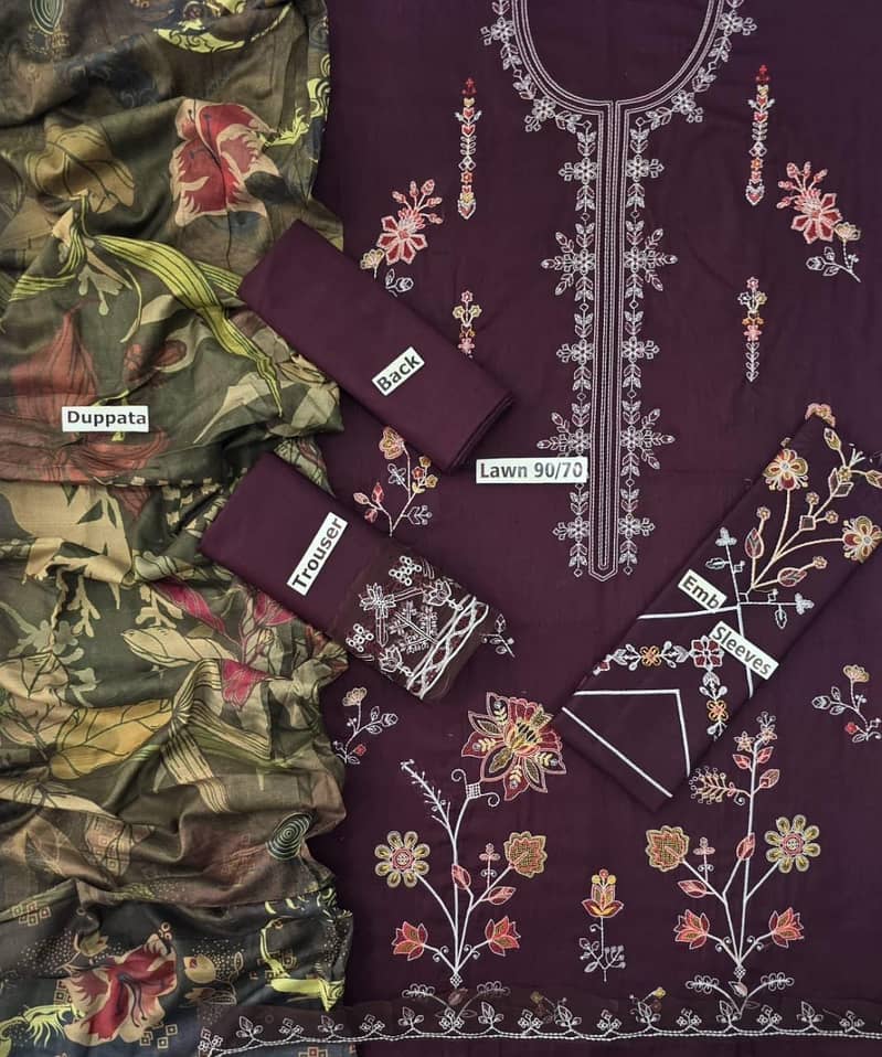 3 Pc Lawn Suit – Embroidered Front & Sleeves | Digital Dupatta 11