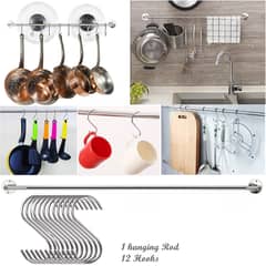 Kitchen Railing Set Utensils Hanging Hooks Organizer WIth 2 Feet Rod