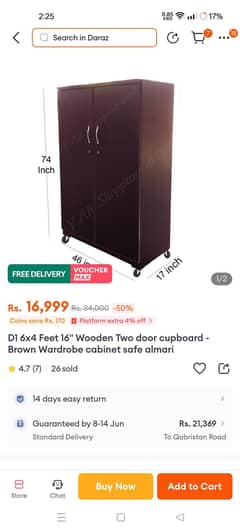 2 doors wooden wardrobe for sale