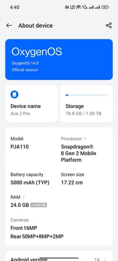 One Plus Ace 2 pro 1TB/24+12Ram