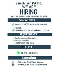  Hiring Chat Sales Agents – Zarech Tech Pvt Ltd (Islamabad)