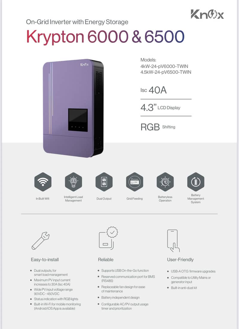 knox Hybrid Ongrid Inverter 4.2kw, 4.5kw 6.2kw, 6.5kw ip21 0
