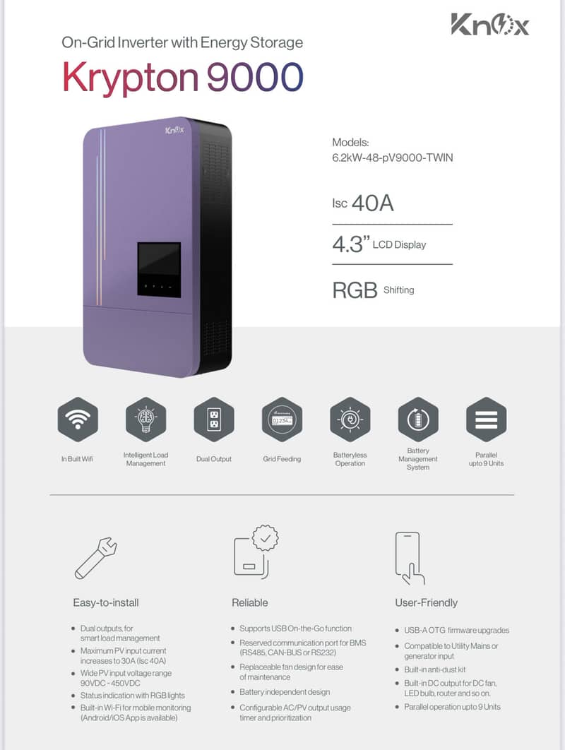 knox Hybrid Ongrid Inverter 4.2kw, 4.5kw 6.2kw, 6.5kw ip21 2