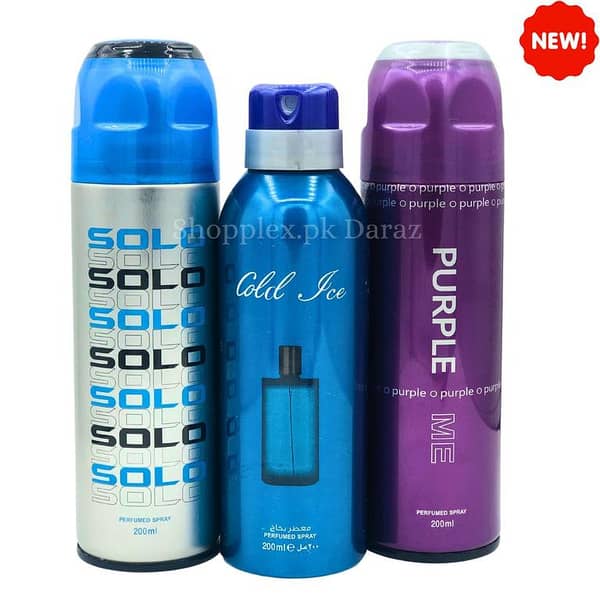 Pack of 3 Body Spray Deodorants 200ml - Solo, Cold Ice, Purple Me Lucky for Men and Women - Long Lasting Fresh Scents for Youth Gifting and Daily Use