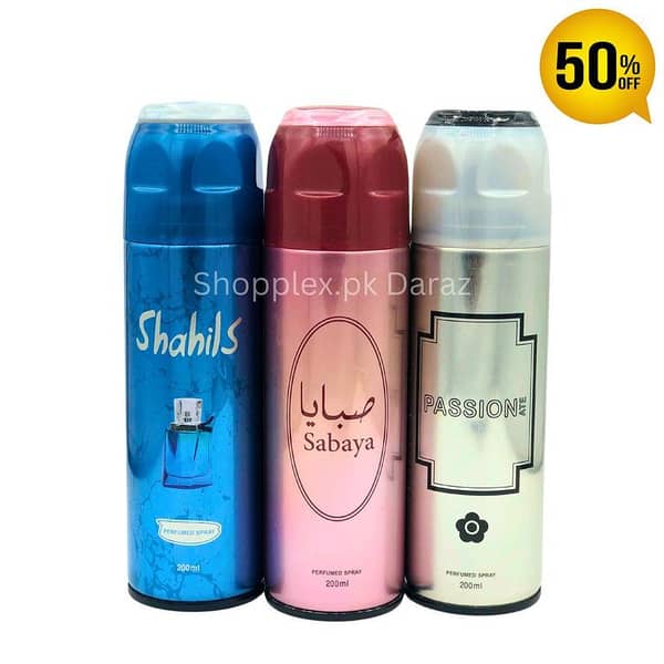 Body Spray Pack of 3 For Women Gift | Big Bottle 200ml SABAYA | PASSIONATE l Shahlis Blue by FRESHRITE Value Budget pack For Men & Women Gents and Ladies Deodorants Body Spray Imported High Quality By Long Lasting Women And Men Gift Whole Sale
