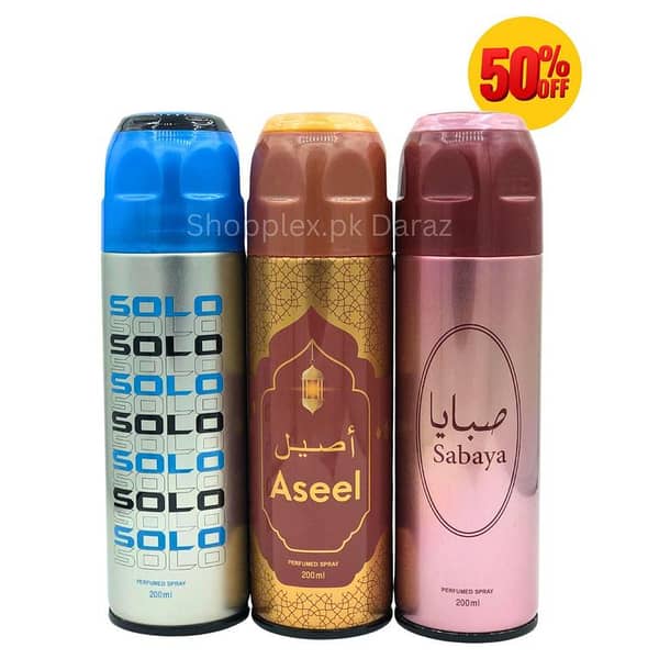 Body Spray Pack of 3 For Women Gift | Big Bottle 200ml SOLO | ASEEL l SABAYA by FRESHRITE Value Budget pack For Men & Women Gents and Ladies Deodorants Body Spray Imported High Quality By Long Lasting Women And Men Gift Whole Sale