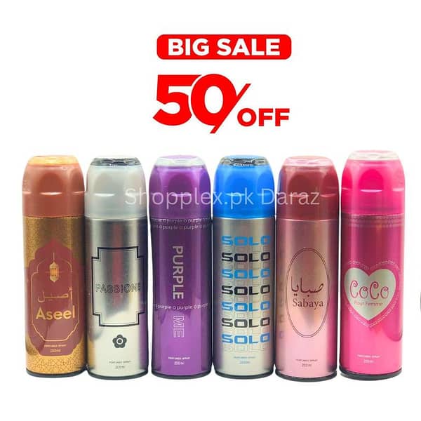 Freshrite Brand Body Spray Set - 6 Bottles of 200ml Each: Aseel, Passionate, Purple ME, Solo, Sabaya, CoCo Pour Femme - Unisex Fragrance for Gifting
