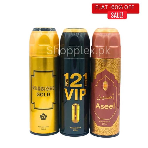 Body Spray Pack of 3 For Men Gift | Big Bottle 200ml ASEEL | PASSIONATE GOLD | One 2 One VIP by FRESHRITE Value Budget pack For Men & Women Gents and Ladies Deodorants Body Spray Imported High Quality By Lucky Long Lasting Women And Men Gift Whole Sale