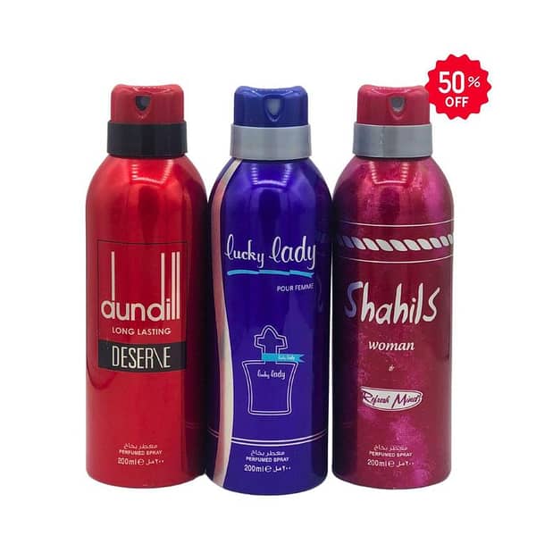 Body Spray Deodorants Perfumed Long Lasting Pack of 3 Big Bottle 200ml Dundill Deserve| Lucky Lady | Shahils Lucky Brand Fragrance Fresh Scent Perfumed For Men and Women Value Budget Gifting Birthday Anniversary Unisex Body Spray Gifting All Cooperate