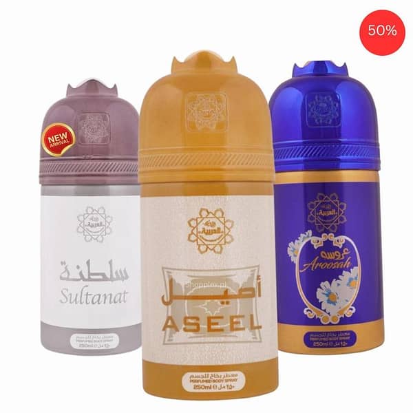 Perfumed Scent With Body Spray Pack of 3 ASEEL|SULTANAT|AROOSAH Jumbo Size Bottle 250ml Each Al Arabia | Super High Executive Upper Level Quality  Value Budge Pack Fresh Scent Arabic Fragrance | Gift For Men And Women | Boys Girls | Occasion| Long Lasting