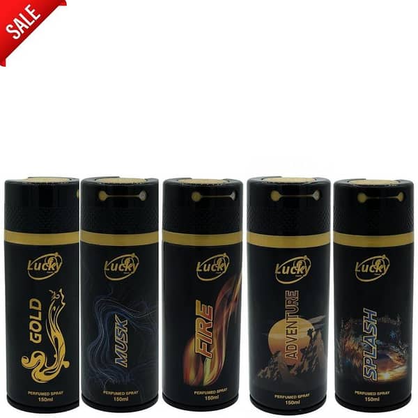 Arabic Perfumed Body Spray Set of 5 - 150ml Each for Men and Women | Musk, Lucky Brand, Gold, Fire, Adventure, Splash | Inspired by Axe