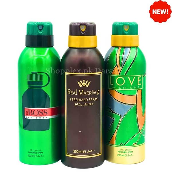 Body Spray Deodorants Perfumed Long Lasting Pack of 3 Big Bottle 200ml Big Boss Green| Real Marrige | Midnight Love Lucky Brand Fragrance Fresh Scent Perfumed For Men and Women Value Budget Gifting Birthday Anniversary Unisex Body Spray Gifting For All
