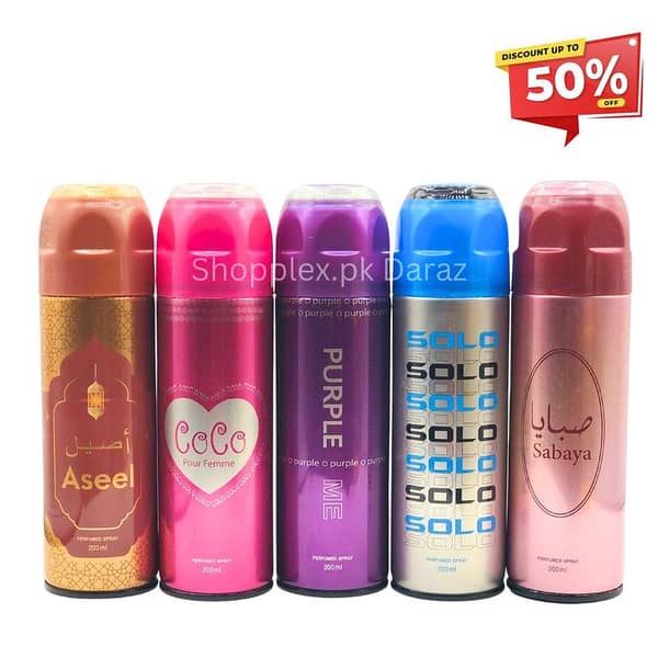 Freshrite Brand Body Spray Set of 5 - 200ml Bottles of Aseel, Purple ME, Solo, Sabaya, and CoCo Pour Femme - Unisex Fragrance Collection for Gifting