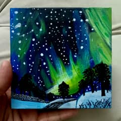 Northern Lights in a Winter Forest, First Painting by MAS