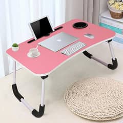 Wooden Folding Office Work Table With Cup Pen & Tablet Holders Pink