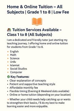 Affordable Tuition by Friendly Home Tutor – Grade 1 to 8
