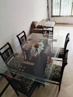 6-Seater Wooden Dining Table Set with Glass Top – Elegant Design