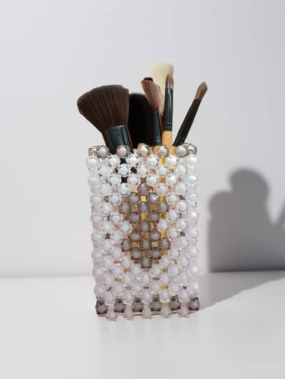 Handmade White & Gray Pearl Beaded Makeup Organizer – Elegant Brush Ho