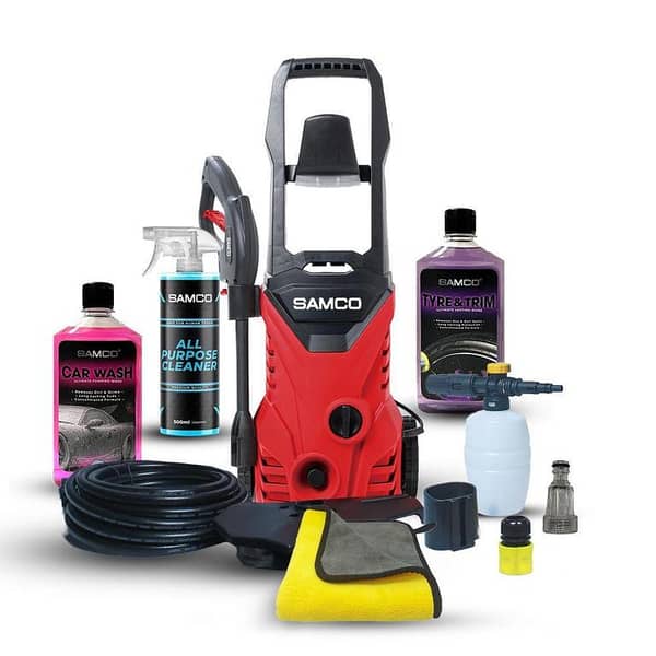 Samco 1600 Watts High Pressure Washer (130 Bar) with Car Care Bundle Including Foaming Canon and Cleaning Products