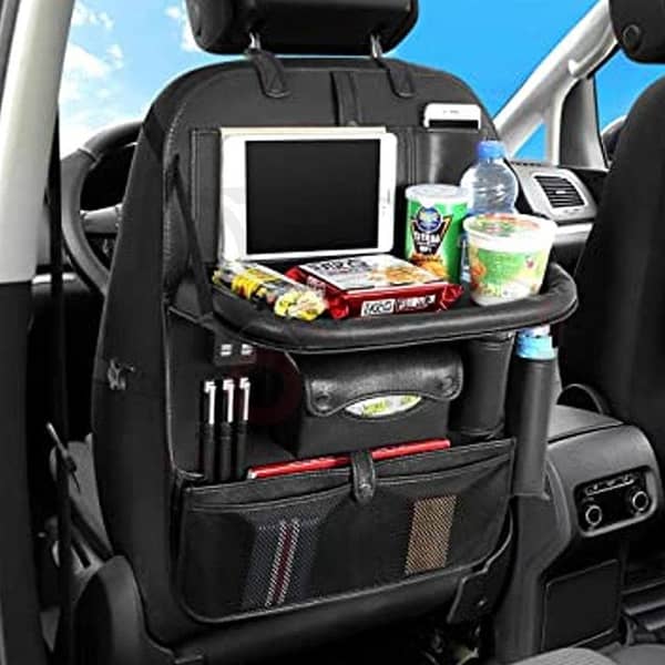 Car Back Seat Organizer with Foldable Tray Dining Tablet Holder for Umbrella Water Bottle iPad phone