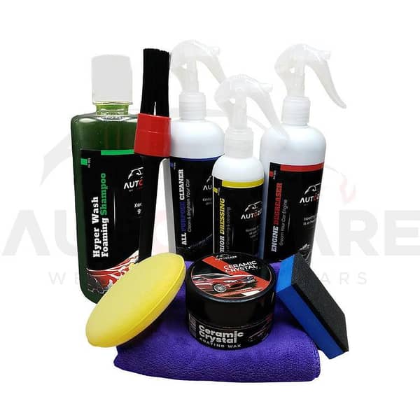 AutozCare Pack of 9: Ceramic Crystal Coating Wax, Interior Dressing, All Purpose Cleaner, Engine Degreaser, Shampoo, Detailing Brush, Microfiber Towel, Applicator Pad, Foam Pad