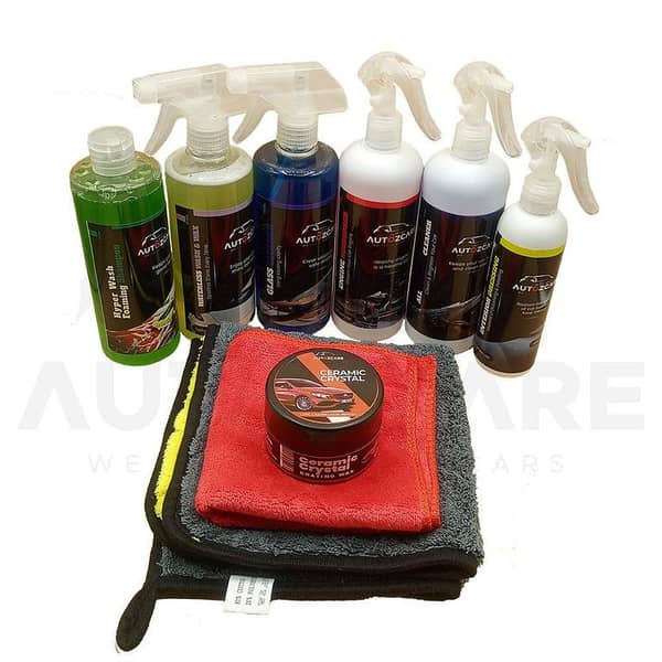 AutozCare Waterless Car Wash & Wax, Waterless Glass Cleaner, Car Wax, All Purpose Cleaner, Interior Dressing Engine Degreaser and Hyper Wash Forming Shampoo and Double Side Microfiber Towel and Single Side Towel (Pack Of 9)