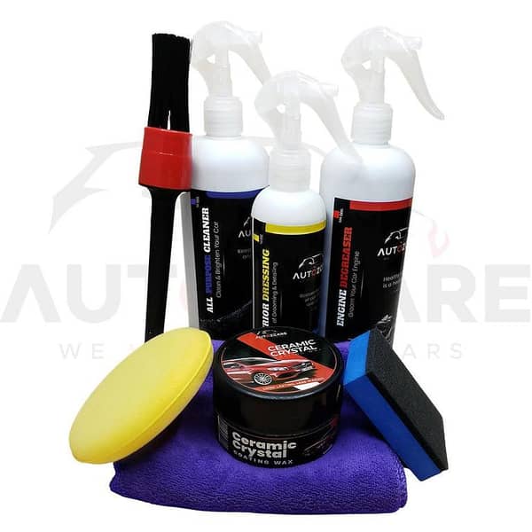 AutozCare 8-Piece Ceramic Crystal Coating Wax Set with Interior Dressing, All-Purpose Cleaner, Engine Degreaser, Microfiber Towel, Applicator Pad, Foam Pad, and Detailing Brush