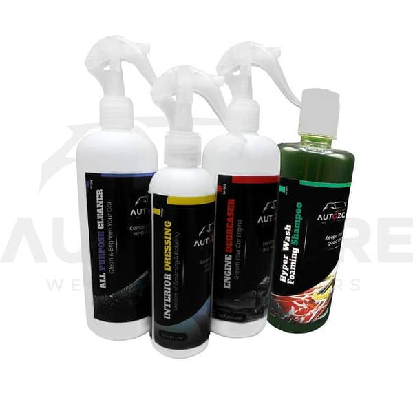 AutozCare Pack of 4: Interior Dressing, All Purpose Cleaner, Engine Degreaser, and Shampoo