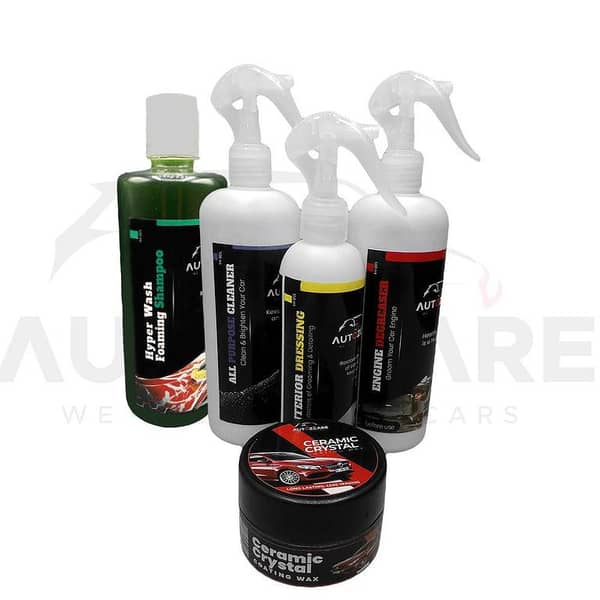 AutozCare Pack of 5: Ceramic Crystal Coating Wax, Interior Dressing, All-Purpose Cleaner, Engine Degreaser, and Shampoo
