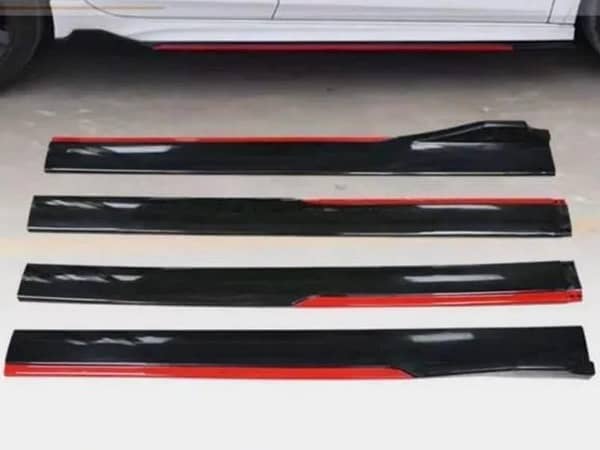 Universal 4-Piece Glossy Black Side Skirt Panels with Red Line