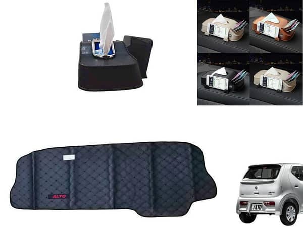 Suzuki Alto 7D Vinyle Dashboard Mat with ABS Tissue Box with Mobile Holder - Black