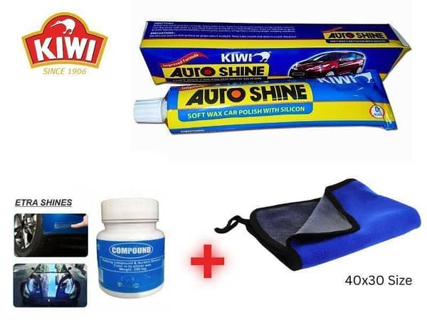 Kiwi Auto Shine Soft Car Polish Silicon UV Protection Formula 83g With Microfiber And Car Compound