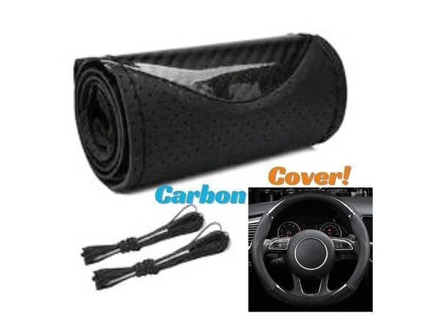 Universal Black Steering Wheel Cover with Carbon Fiber Design