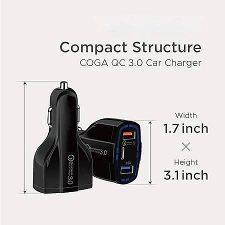 7A 3 Ports USB Car Fast Charger 3.0 with Charging Cables and C-Type Port Option