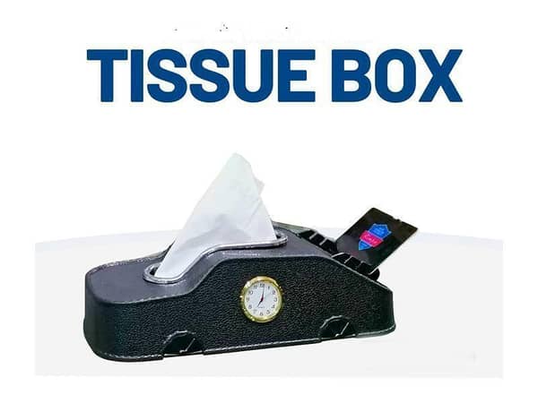 3 In 1 Dashboard Tissue Box with Analog Clock, Mobile Holder, and Card Storage