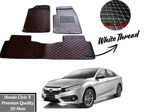 Honda Civic X 2017-2022 7D Flat Eco Mats | Honda Civic X Black Color 7D Eco Mats With White Thread