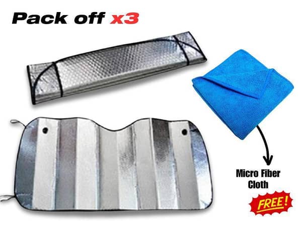 Pack off x3 SOGO Windshield Sunshades Block Curtains Silver with Free Micro Fiber Car Cleaning Cloth