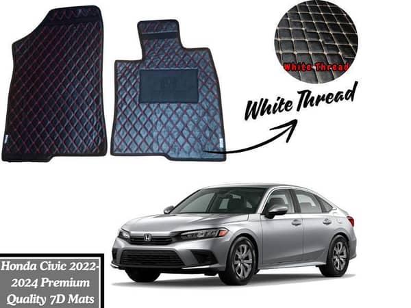New Honda Civic 2023-2024 7D Flat Eco Mats | Honda Civic New Black Color 7D Eco Mats  White Thread