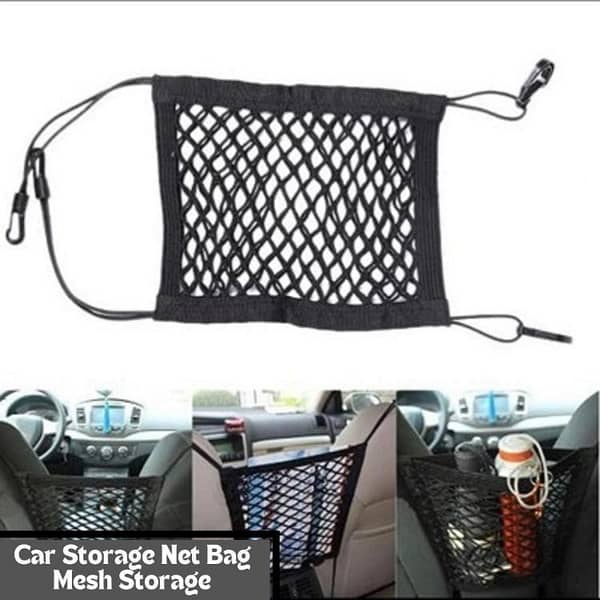 Black Car Seat Back Organizer | Elastic Mesh Storage Bag for Luggage and Small Items (30x25cm)