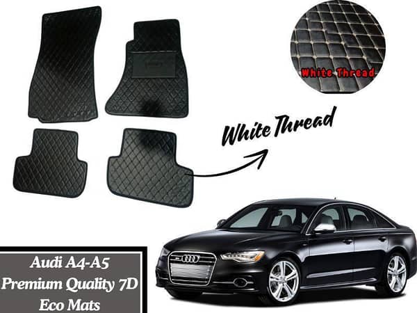 7D Eco Floor Mats for Audi A4 and A5 with White Thread | Black Color Mats for Audi A4-A5