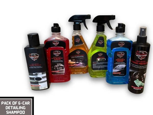 Set of 6 Car Care Products: Detailing Shampoo, Multi-Purpose Cleaner, Plastic Restorer, Windshield Washer, Interior Protectant, and Degreaser