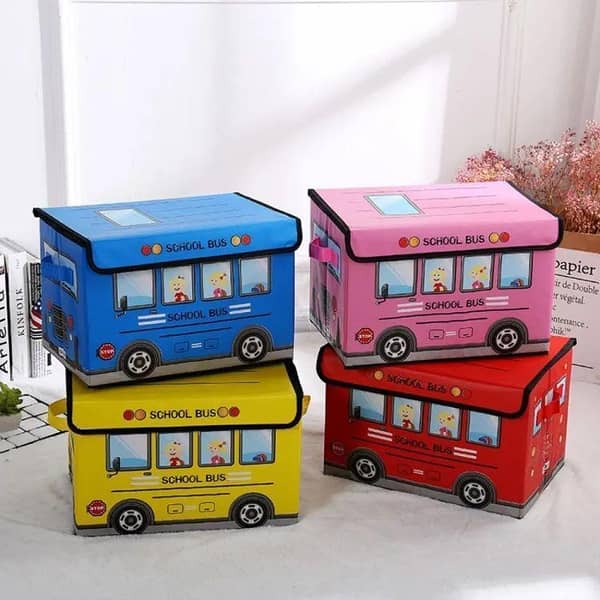 Set of 3 Folding Storage Bins with Bus Design for Kids' Toy and Quilt Organization