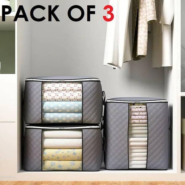 Pack of 3 - Cloth Storage Bags - Closet Organiser – Waterproof Cloth Storage Bag – Baby Zipper Cloth Storage Bag - Wardrobe Space Saver Bag – Portable Travelling Bag for Camping & Outdoor Use(100 Gram)