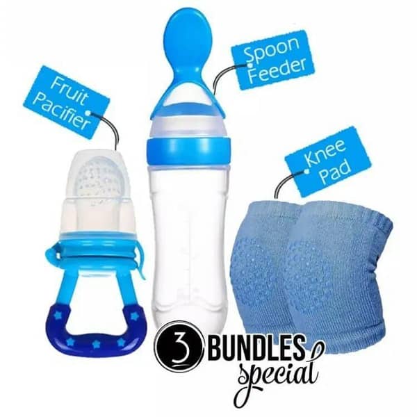 Pack of 3 Baby Silicone Squeeze Spoon Feeder with Fruit Pacifier and Knee Pads