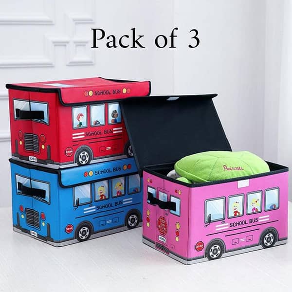 Set of 3 Bus Design Folding Storage Bins for Kids - Quilt Basket and Toy Organizer for Cabinets and Wardrobes