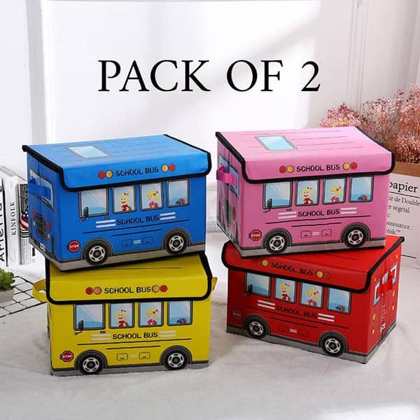 Set of 2 Bus Design Folding Storage Bins for Organizing Kids' Toys, Quilts, and More - Non-Woven Storage Boxes for Cabinets and Wardrobes