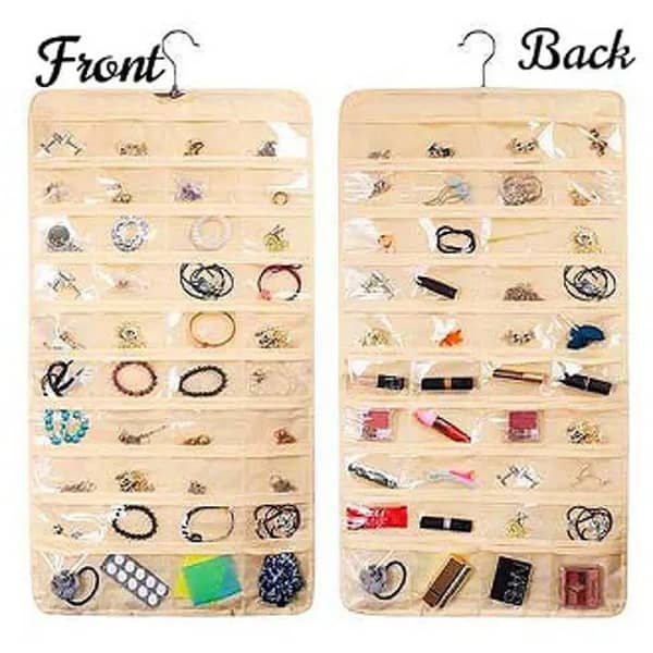Double-Sided 80 Pocket Jewelry Organizer with Hanger for Closet and Wall Storage, Ideal for Necklaces, Bracelets, Rings, and More